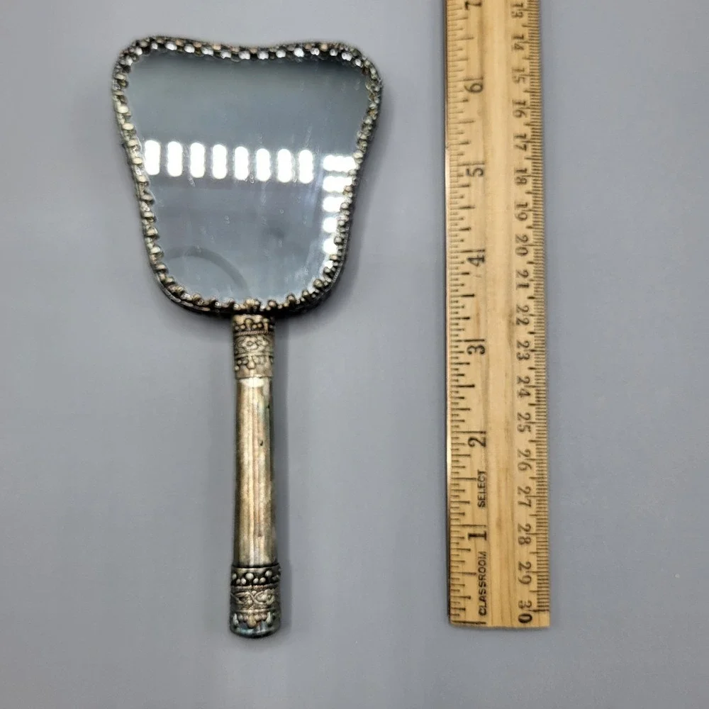 Vintage Hand Mirror Repousse Floral Dragonfly Silver Tone Ornate 6.5